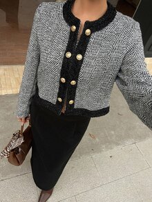 DAZY Women's 2 Pieces Set: Grey Plaid Metal Button Decorated Short Wool Blazer Jacket And Bodycon Skirt, Elegant Commuter Office Wedding Casual Autumn/Winter - Black - View 1