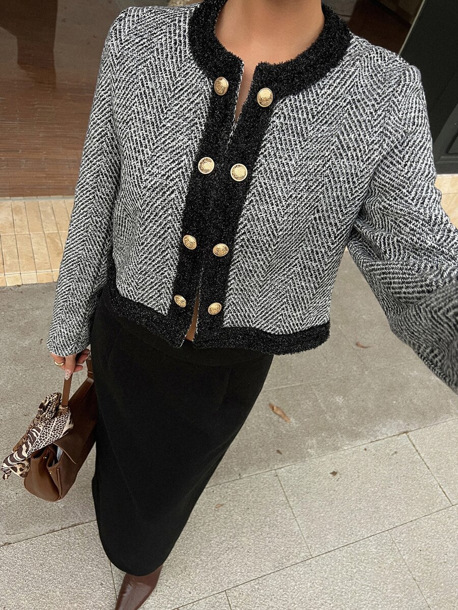 DAZY Women's 2 Pieces Set: Grey Plaid Metal Button Decorated Short Wool Blazer Jacket And Bodycon Skirt, Elegant Commuter Office Wedding Casual Autumn/Winter - Black - View 1