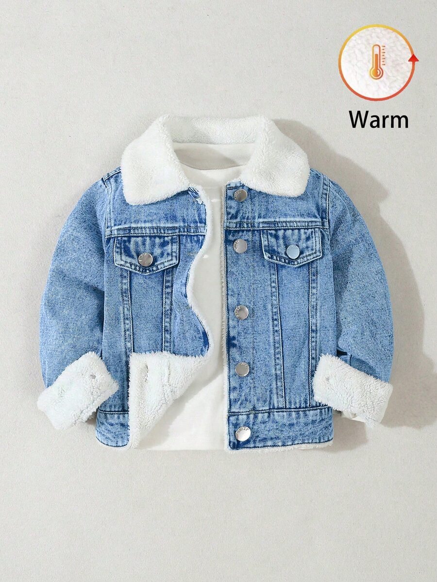 SHEIN 男童牛仔夾克,秋冬新品,藍色水洗,寬鬆版型,抓絨內裡設計,適合秋冬穿著,時尚百搭,時尚男孩必備,適合日常穿著、拍照、購物、聚會、音樂節、度假等,2026新款男童牛仔夾克 - 中等水洗藍 - 查看 1