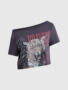 ROMWE Summer Street Style Hot Girl New Chinese Style Chinese Character Tiger Seal Print Asymmetric Shoulder Rolled Hem Loose Short T-Shirt - Grey - View 1