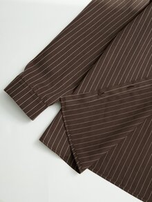 Rusticease Plus Size Women's Striped Long Sleeve Single-Breasted Shirt And Skirt Casual 2 Pieces Set - Brown - View 8