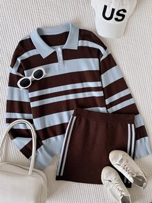 Comfortcana Women's Striped Long Sleeve Polo Collar Sweater And Knitted Skirt 2 Pieces Set - Multicolor - View 3