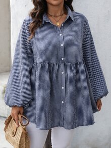 SHEIN LUNE Plus Size Fashion Plaid Button Long Sleeve Shirt For Daily Wear - Navy Blue - View 1