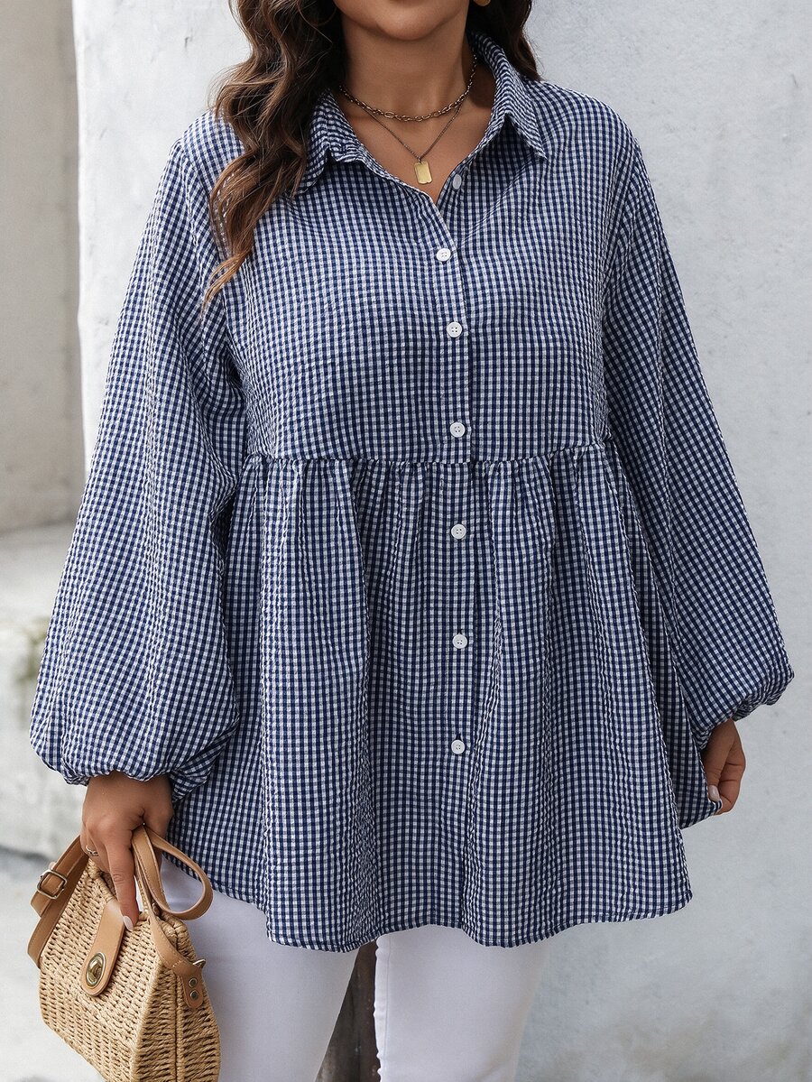 SHEIN LUNE Plus Size Fashion Plaid Button Long Sleeve Shirt For Daily Wear - Navy Blue - View 1