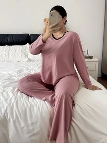 Napfluff CURVE Napfluff CURVE Contrast Color Lace Trim V-Neck Loose Long Sleeve Pants Pajama Set Plus Size - Multicolor - View 6