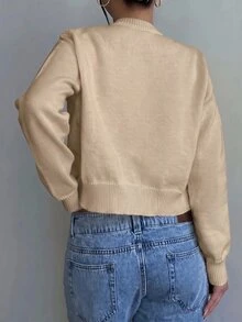 SHEIN 青少年女孩純色長袖單排扣休閒針織開襟衫 - 卡其色 - 查看 2
