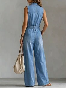 LUMIGAL Dam-denimjumpsuit med knäppning fram, fickor och vida ben, hot girl-stil - Blå - Visa 2