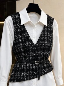 Modelyn Setelan Kasual 2 Potong Wanita Ukuran Besar dengan Atasan Lengan Panjang dan Celana Motif Patchwork 2 in 1 - Hitam dan Putih - View 4
