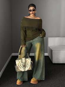 Maweii Plus Size Women's Off-Shoulder Lapel Collar Tassel Rivet Decor Cinched Cinched Waist Fashion Long Sleeve Sweater - Army Green - View 5