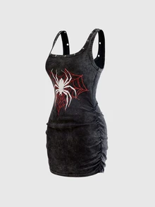 ROMWE Grunge Punk Streetwear Fitted Washed Knit Spider Print Women's Mini Dress - Dark Grey - View 5