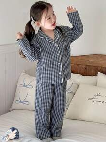 Dazy Kids 女童秋季小格紋刺繡長袖居家休閒套裝（褲裝套裝） - 藍白色 - 查看 6