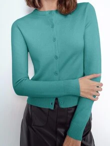 Maija 女款優雅純色圓領長袖前扣極簡時尚針織開襟衫，舒適細針織面料，經典羅紋設計，輕盈適合季節穿著，簡約版型百搭實用，季節必備百搭單品，展現優雅端莊穿搭風格 - 藍色 - 查看 7