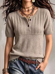 SHEIN 休閒復古寬鬆圓領短袖半開襟鈕扣灰色女款秋冬針織衫，聖誕節、新年、社交場合、夜晚外出穿搭 - 駝色 - 查看 4