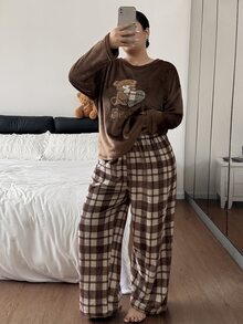 Napfluff CURVE Napfluff CURVE Cute Cartoon Bear Plush Home Wear, Fashion Plaid Casual Pajama 2 Pieces Set - Brown - View 1