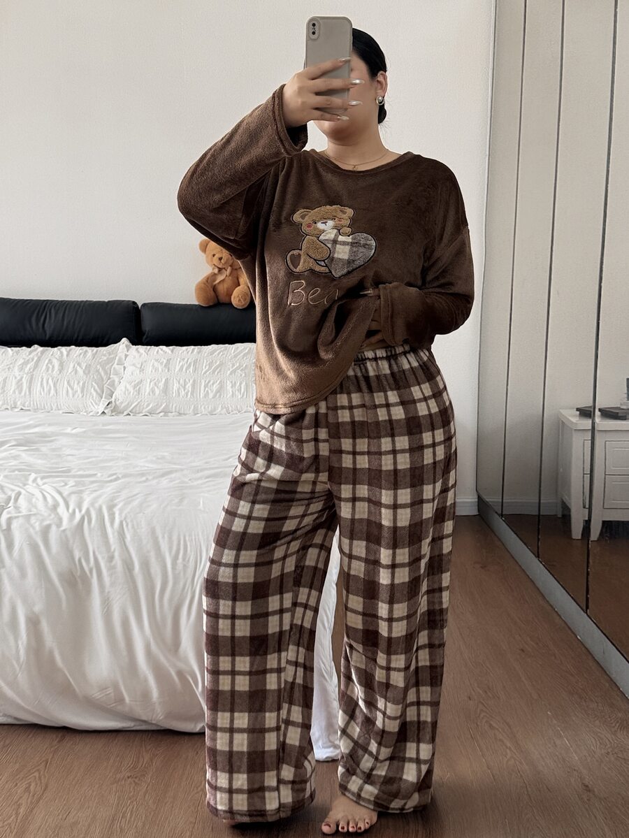 Napfluff CURVE Napfluff CURVE Cute Cartoon Bear Plush Home Wear, Fashion Plaid Casual Pajama 2 Pieces Set - Brown - View 1
