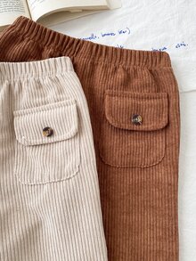 SHEIN Vintaside Kids 2件組幼兒男童燈芯絨長褲，可愛棕色米色口袋鈕扣羅紋直筒款，適合假日派對秋季，搭配毛衣、吊帶褲、夾克，彈性腰頭 - 彩色 - 查看 4