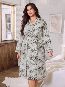Serenescape Minimalist Floral Print Plus Size Long Sleeve Robe - Apricot - View 4