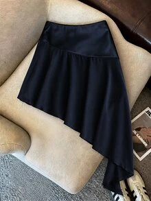 SHEIN EZwear Maillard 高端性感優雅風不對稱拼接緞面蝴蝶結裙，海軍藍秋季派對約會夜店聚會穿搭 - 藏蓝色 - 查看 2