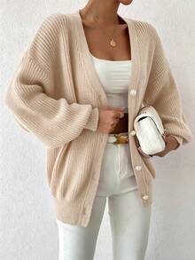 Sprig & Strand Women's Gentle Faux Pearl Button Knit Cardigan - Beige - View 4