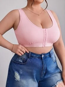 SHEIN CURVE+ 大尺碼簡約純色前扣式內衣背心，Curve Plus，Hoho Vacation - 粉色 - 查看 4