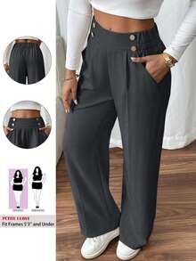 SHEIN PETITE CURVE Plus Size Women's Double Buckle Straight Leg Elegant Casual Commuter Pants Office Formal Grey Autumn - Dark Grey - View 1