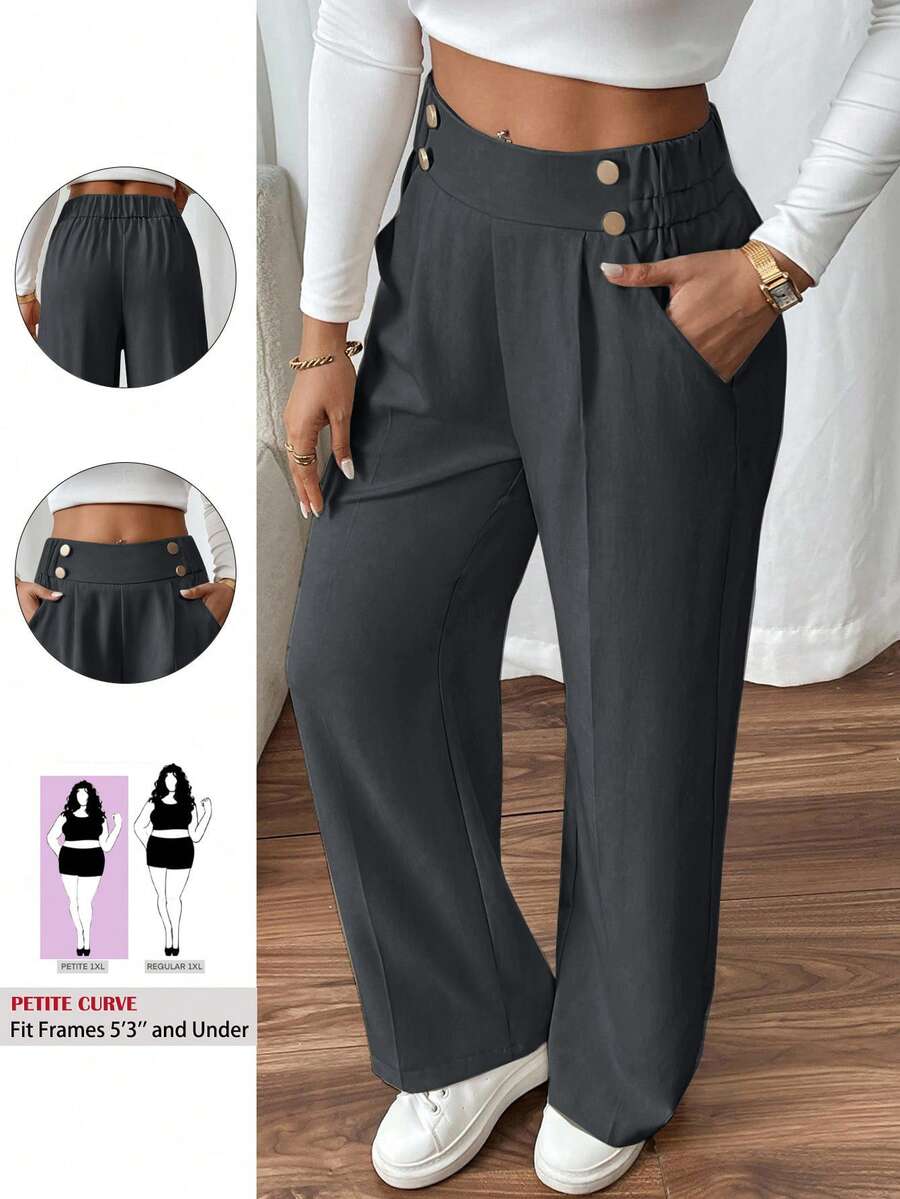 SHEIN PETITE CURVE Plus Size Women's Double Buckle Straight Leg Elegant Casual Commuter Pants Office Formal Grey Autumn - Dark Grey - View 1