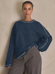 MUSERA Washed Oversized Long Sleeve Top Summer, Sporty, Casual, Day, Streetstyle, Streetwear Spring - 藏蓝色 - 查看 1