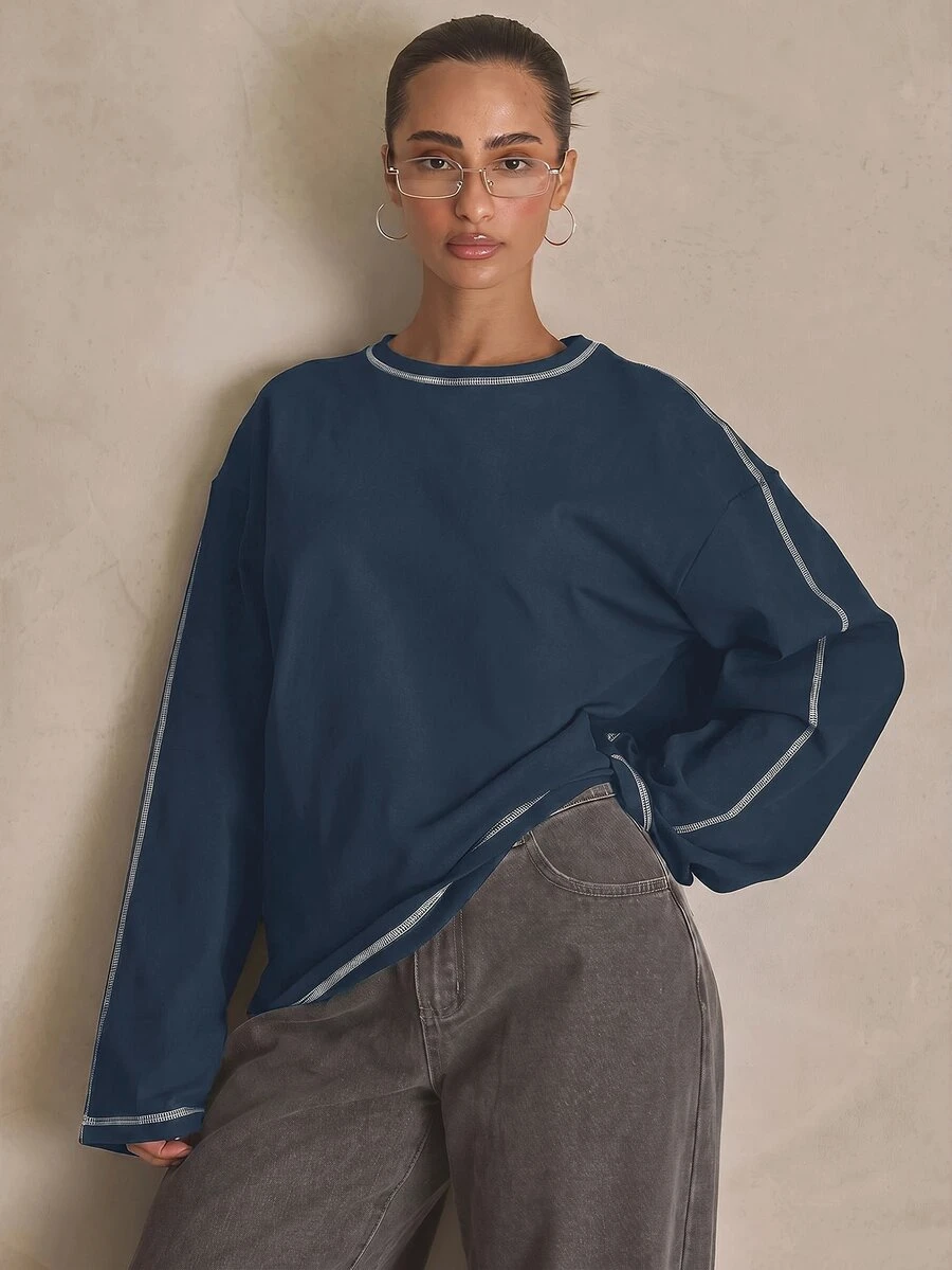 MUSERA Washed Oversized Long Sleeve Top Summer, Sporty, Casual, Day, Streetstyle, Streetwear Spring - 藏蓝色 - 查看 1