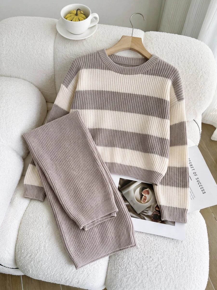 SHEIN Tween Girl 2pcs Sweater Set, Round Neck Long Sleeve Sweater And Colorblock Wide Leg Pants, Gray Oatmeal Color, Suitable For Autumn And Winter - Multicolor - View 1