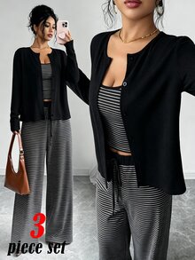 GlowEve Women's Knit Solid Color Cardigan With Front Button Closure, Striped Slim Fit Camisole With Drawstring Decor, Elegant Casual Commute Daily Outing Long Pants 3 Pieces Set - Black - View 3