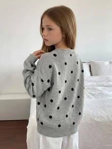 DAZY Tween Girl) Polka Dot Casual Cute Minimalist Crew Neck Pullover Basic Layering Thick Sweater, Autumn/Winter - Light Grey - View 4
