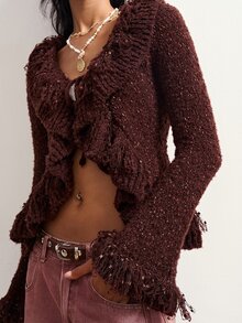 Bohemela Women's Patchwork Ruffle Front Tie Fashion Knit Cardigan - Coffee Brown - View 4