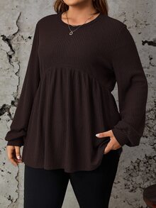 SHEIN LUNE 大尺碼女款素色百褶休閒日常長袖T恤 - 咖啡棕 - 查看 3