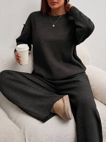 SHEIN Tall Women Round Neck Rib Knitted Sweater And Sweater Pant 2pcs Sets Co-Ord - Black - View 2