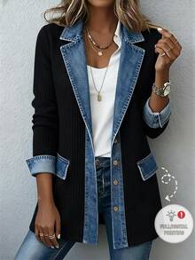 SHEIN Franclia Women's Fall Winter Denim Print Contrast Lapel Blazer Corduroy Woven Ribbed Long Sleeve Button Down Jacket With Pockets Casual Office Outerwear - Black - View 1