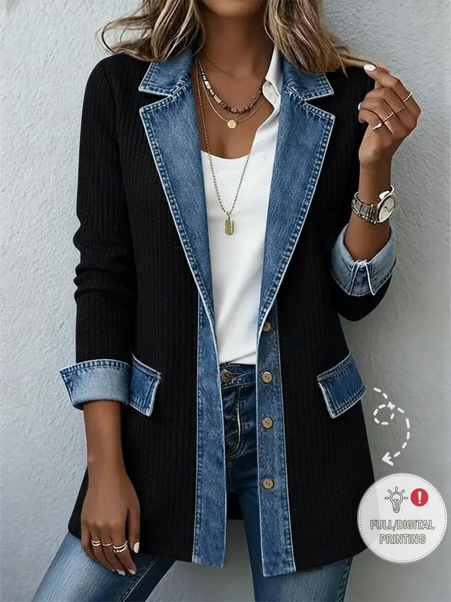 SHEIN Franclia Women's Fall Winter Denim Print Contrast Lapel Blazer Corduroy Woven Ribbed Long Sleeve Button Down Jacket With Pockets Casual Office Outerwear - Black - View 1