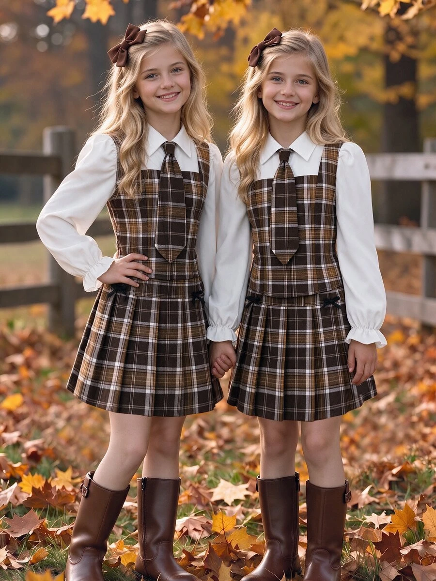SHEIN Tween Girls 2pcs Set Plaid Shirt With Tie And Pleated Skirt Outfit - Multicolor - View 1