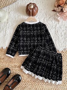 SHEIN Baby Girl Bow Decor Plaid Jacket And Skirt Set - Black - View 7