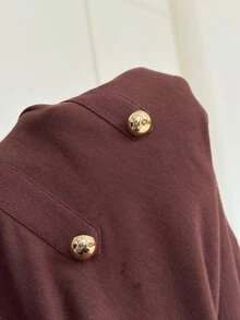 Serisse Kaos Wanita Kasual Musim Gugur Lengan Panjang Leher Bulat Bahu Jatuh Napoleon Detail Kancing Logam Panel Kontras Potongan Longgar Warna Cokelat Kopi - Coklat - View 4