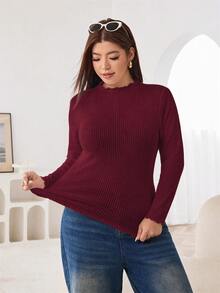 Solflare Plus Size Autumn/Winter Burgundy Ribbed Frill Trim T-Shirt - Burgundy - View 5