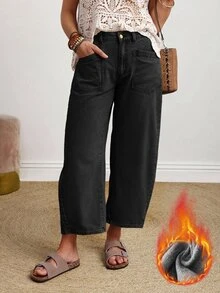 EMERY ROSE Quần jean denim phong cách thời trang đường phố size lớn có túi và cúc cài - màu đen - Xem 1