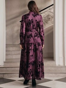 Anewsta Autumn/Winter Fashion New Satin Layered Flocked Floral Patchwork Multi-Layer Ruffle Small Stand Collar Long Sleeve Dress - Purple - View 6