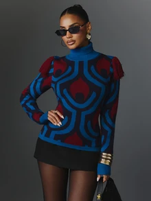 NYA SZN Knit Sweater Maxi Retro Long Sleeve Color Block Holiday Festival Special Occasion Everyday Casual Work Concert Going Out Club Party Blue Fall Winter - Multicolor - View 4