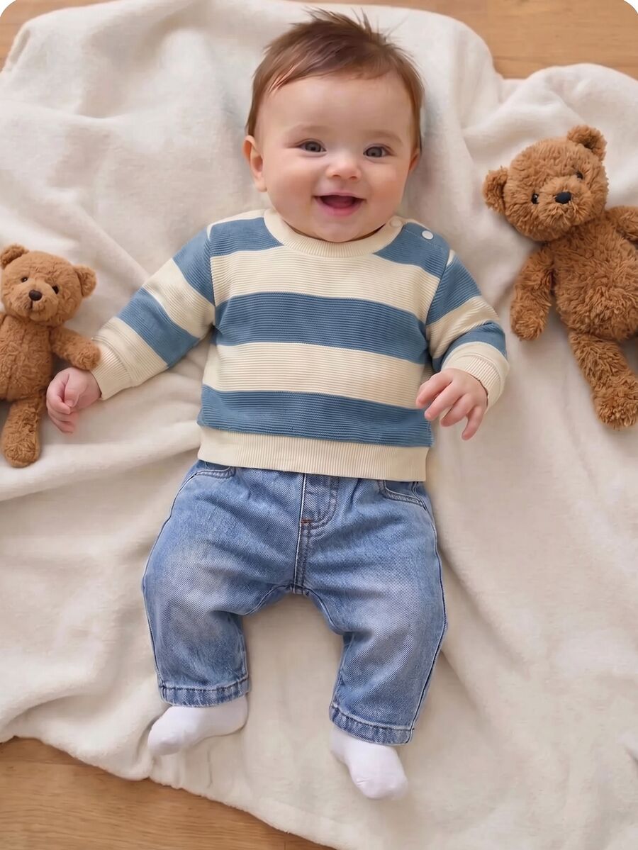 Newborn Baby Minimalist Striped Round Neck Winter Top And Pocket Denim Pants Set - Dusty Blue - View 1