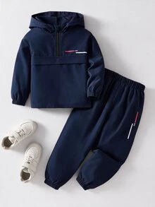 SHEIN 2件組兒童小男孩休閒日常百搭舒適拼接連帽半拉鍊套頭寬鬆長袖夾克與寬鬆收口長褲梭織套裝，適合學校、花園、海灘、生日，春夏穿著 - 彩色 - 查看 3