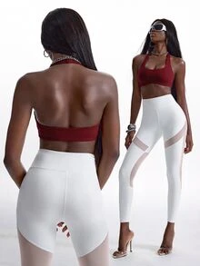 Innovista Innovista Women's Halter Sports Bra, Fall, Winter, Autumn, Gym, Workout, Running, Yoga, Fitness, Athletic, Training, Activewear, Sportswear, Crop Top, Exercise - Burgundy - View 2