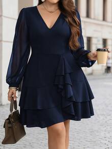 Velvienne Black Deep V-Neck Chiffon Puff Sleeve Ruffle Dress, High Waist Ultra Short A-Line Mini Dress, Asymmetrical Multi-Layer Ruffle Structure: Waist Side 3D Stacked Large Wave Pleats, Asymmetrical Layered Ruffle Hem, Flowing Layered Lace, Dynamic Movement When Walking, Flattering Hips And Lengthening Legs, Plus Size Dress - Navy Blue - View 8