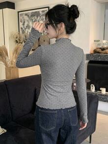 DAZY Women's Polka Dot Print Stand Collar Long Sleeve Slim Fit T-Shirt - Grey - View 9