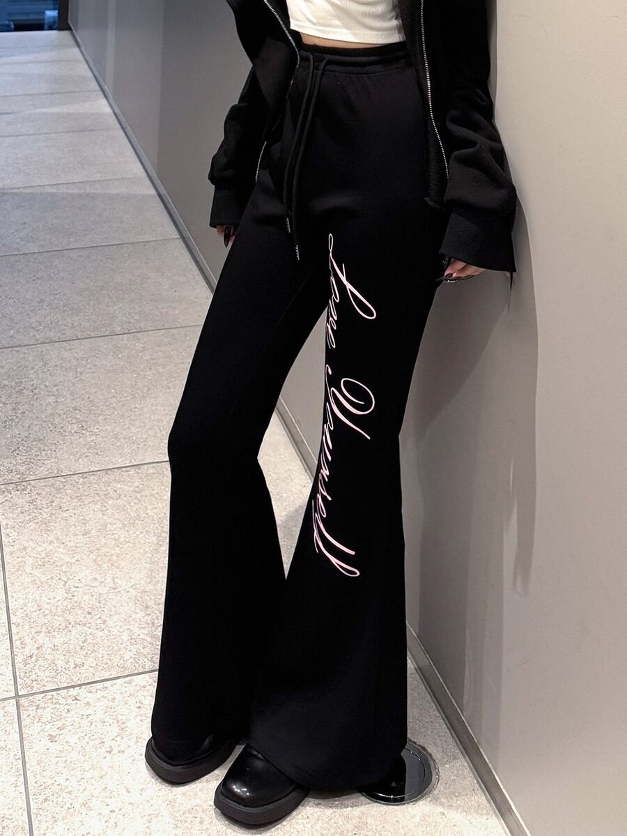 FRIFUL Women's Letter Print Drawstring Waist Casual Flare Leg Pants Fall - Black - View 1