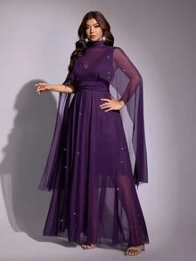 Viva Relle Plus Size Premium Rhinestone Sheer Loose Fit A-Line Evening Dress - Purple - View 4